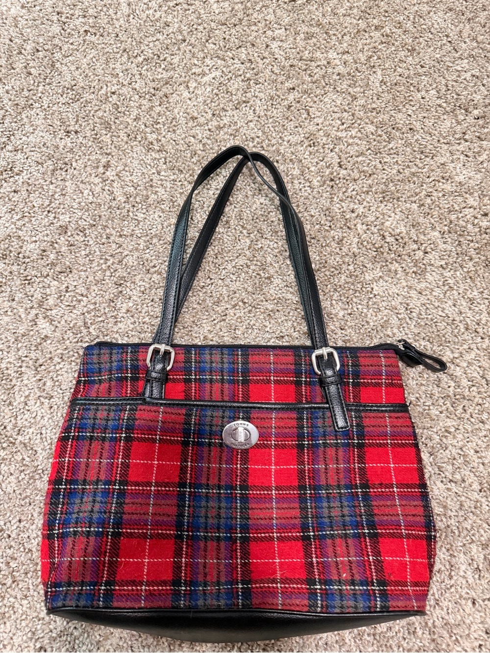Tommy Hilfiger Red Plaid Shoulder Bag with Black Straps